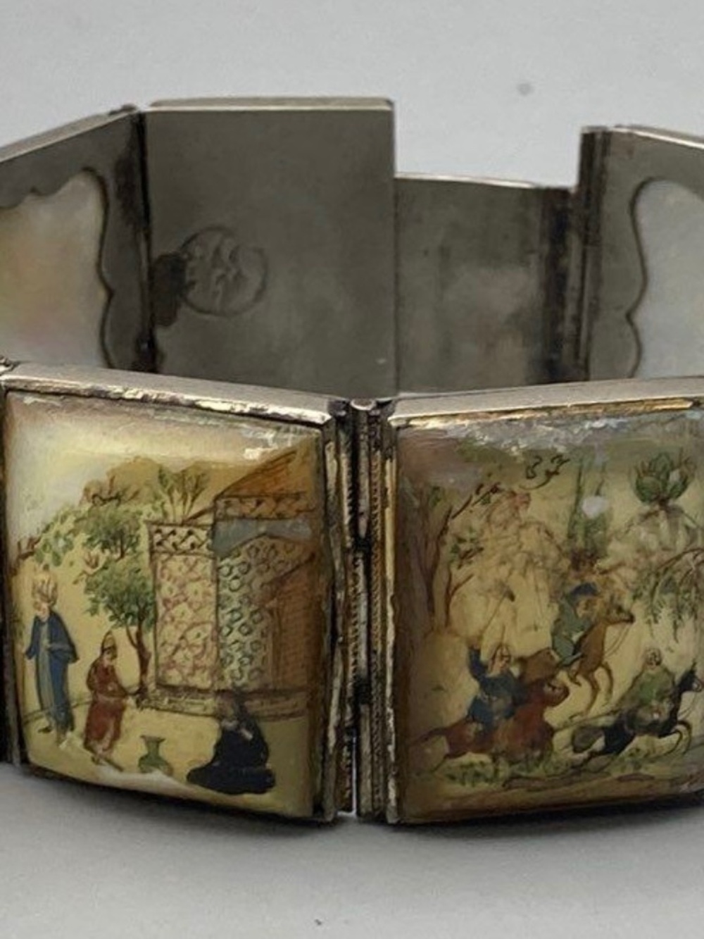 vintage Persian "story" bracelet featuring hand-painted scenes on MOP